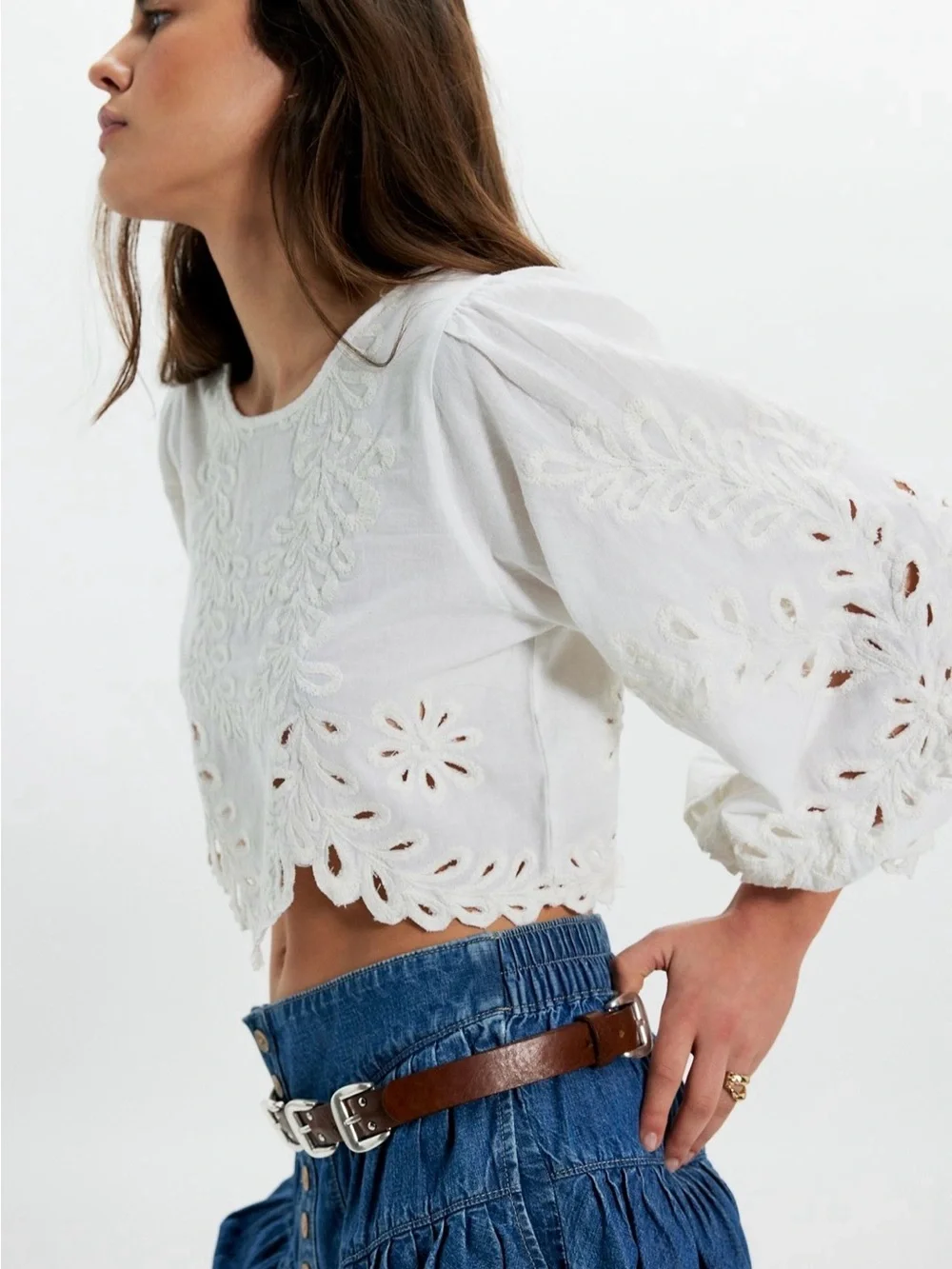 Free People White Eyelet Cropped Peasant Blouse - Women's Top